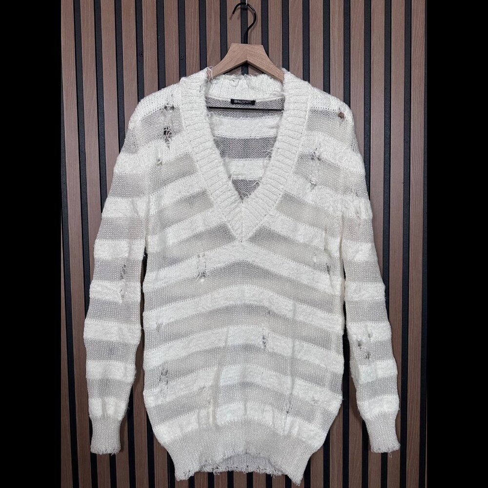 Vintage Balmain Sweatshirt 34 / S White Metallic Star Distressed V Neck Oversize
